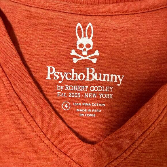 Psycho Bunny Designer Orange 100% Cotton V-Neck T-Shirt Size 4/Small - Picture 3 of 8